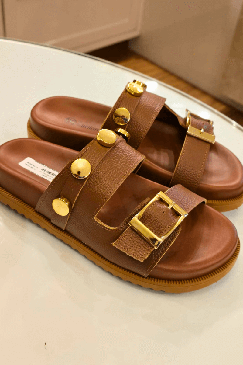 Papete Slide Marrom em Couro