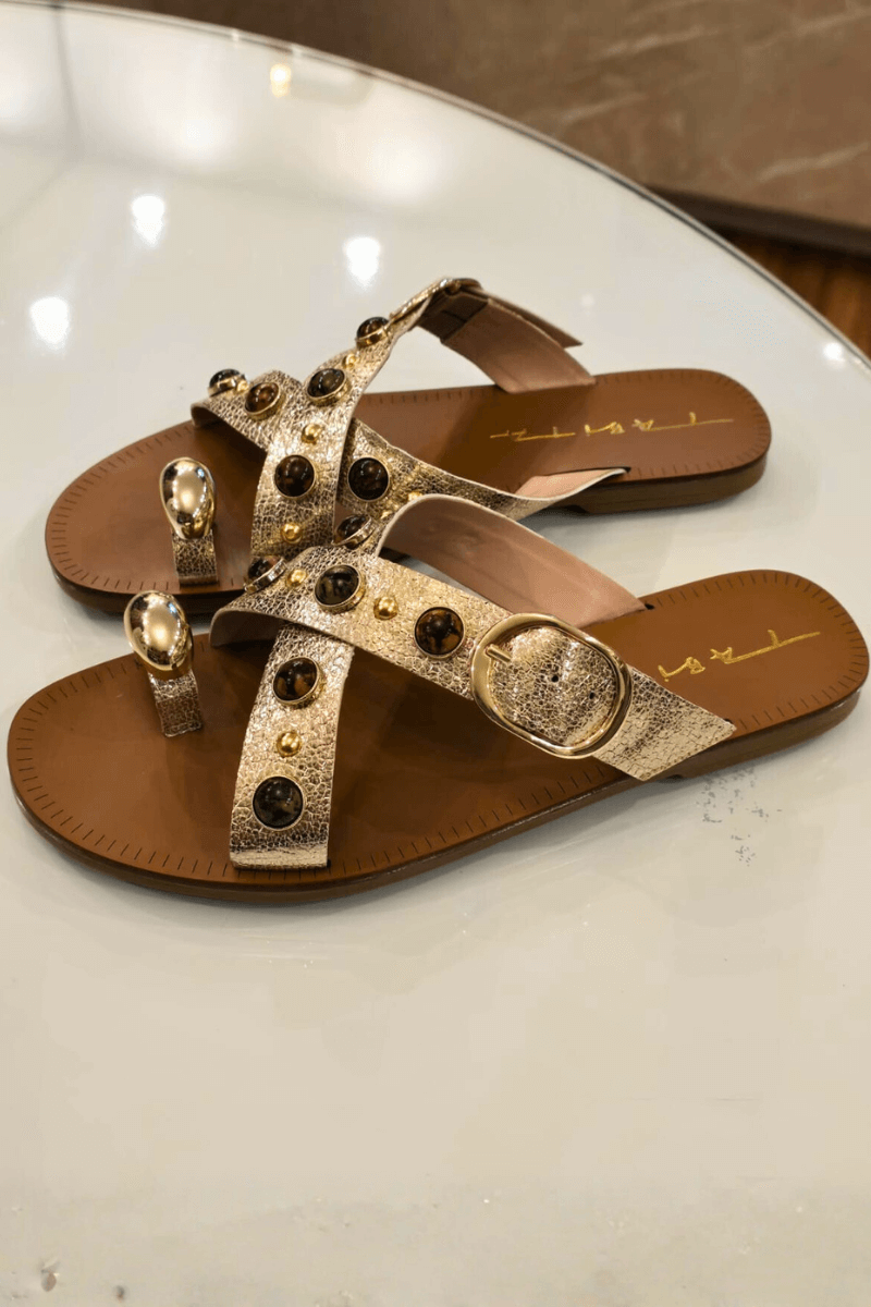 Sandália Rasteira Dourada Metálica