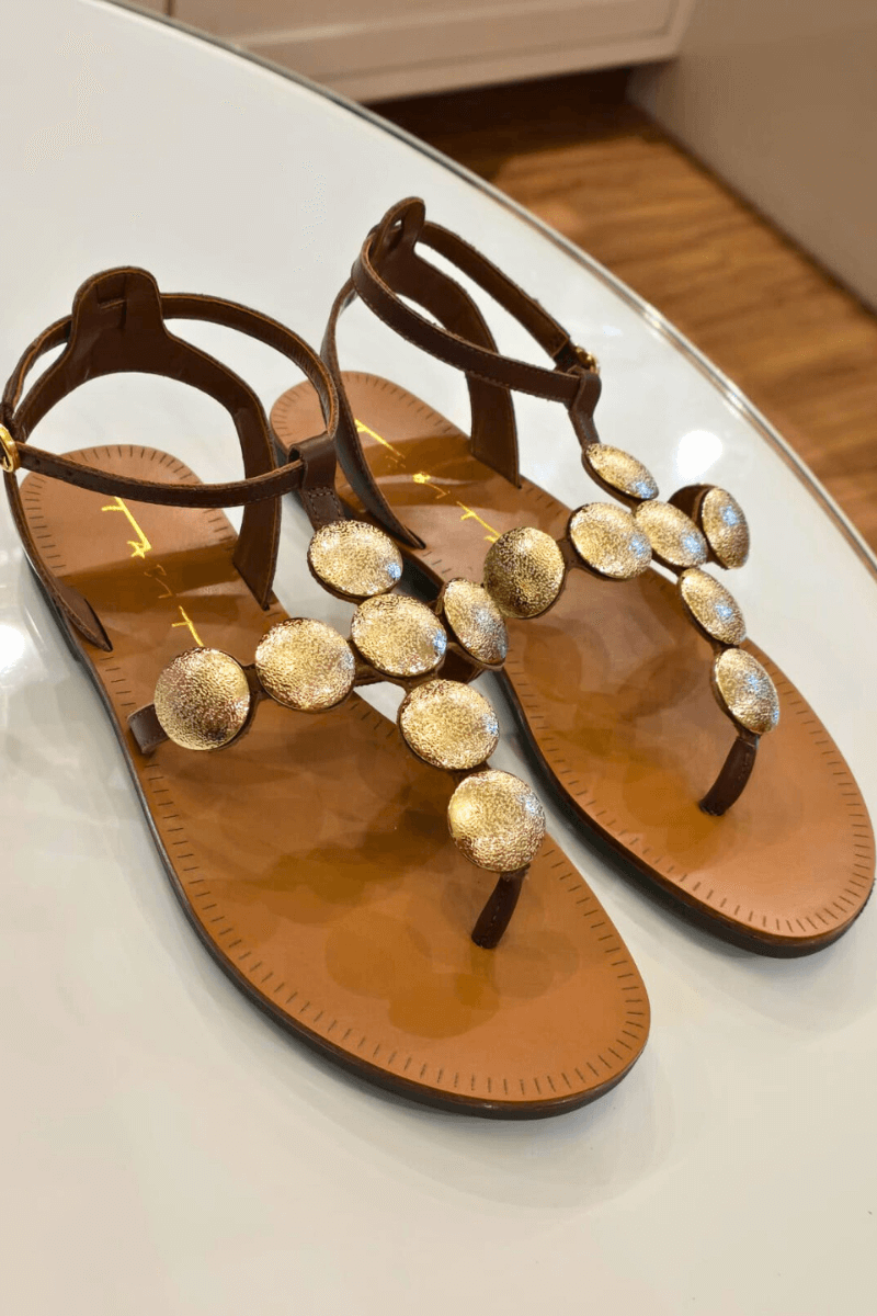Sandália Rasteira Moedas Douradas